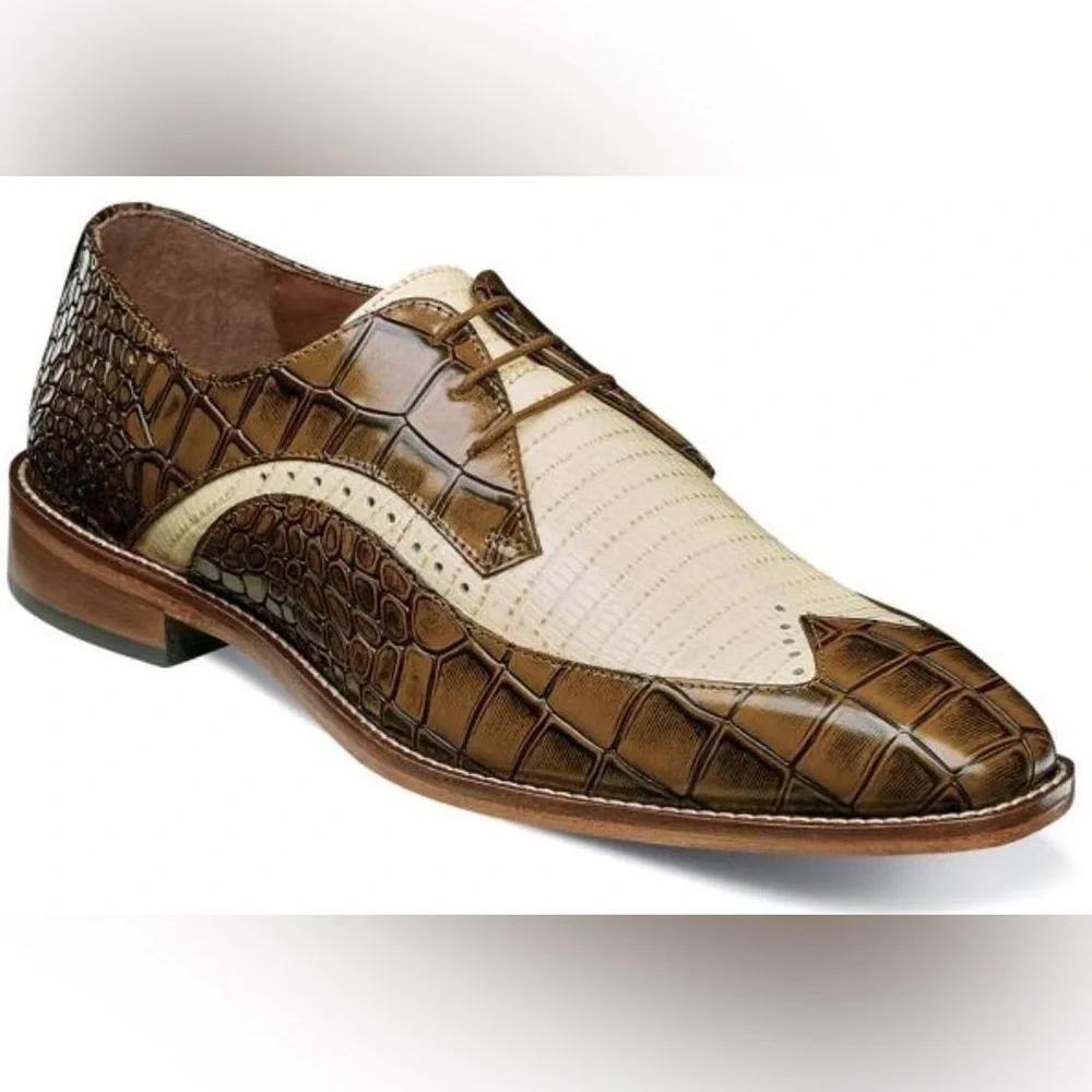 Stacy Adams Trazino Mustard Multi Crocodile-Lizard Print Leather Wingtip Oxford